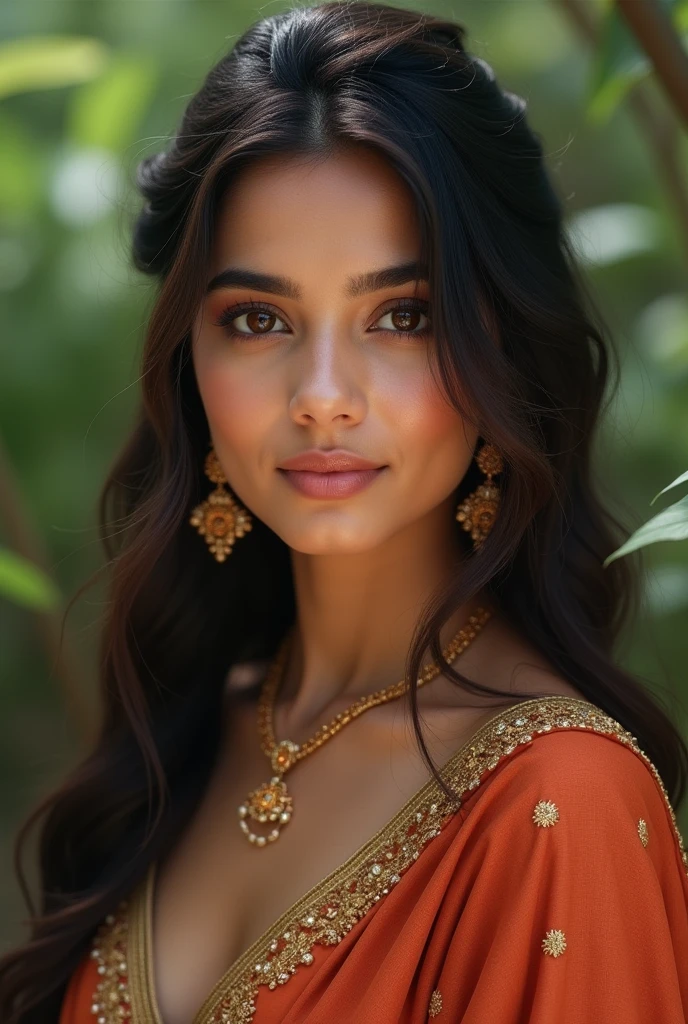 Indian girl, beautiful white, seductive in Indian dress in the forest