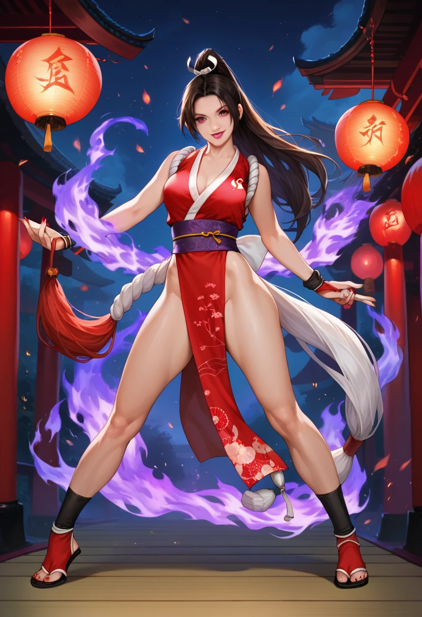 (score_9), score_8_up, highres, 1girl, realistic, mai shiranui, evil smile, long loose hair, no hair ornament, red nails and lipstick, orochi mark purple tattoo on the print, ((purple fire)),night, full body