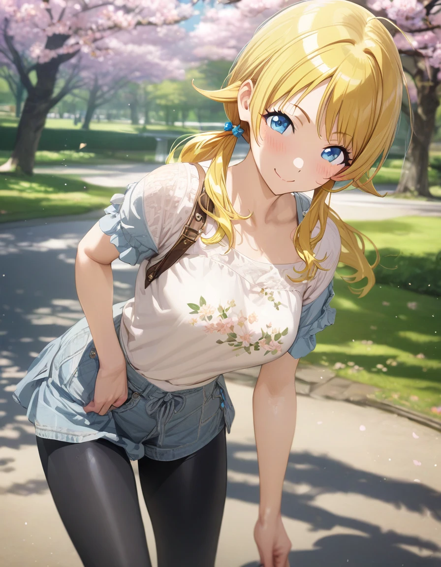 (masterpiece),(Highest quality),(Very detailed),(Best illustrations),(Best Shadow),(Absurd),(Detailed Background),(so beautiful), 
Official Style,

(Meguru Hachimiya:1.2), blonde hair, long hair, Blue eyes,

the idolmaster shiny colors,
low twintail,
chest,
blush,
smile,

Leggings

alone,
Japan,
park,
(桜:1.5)
Background Blur, 
focus on face,
realistic skin,
cowboy shot,