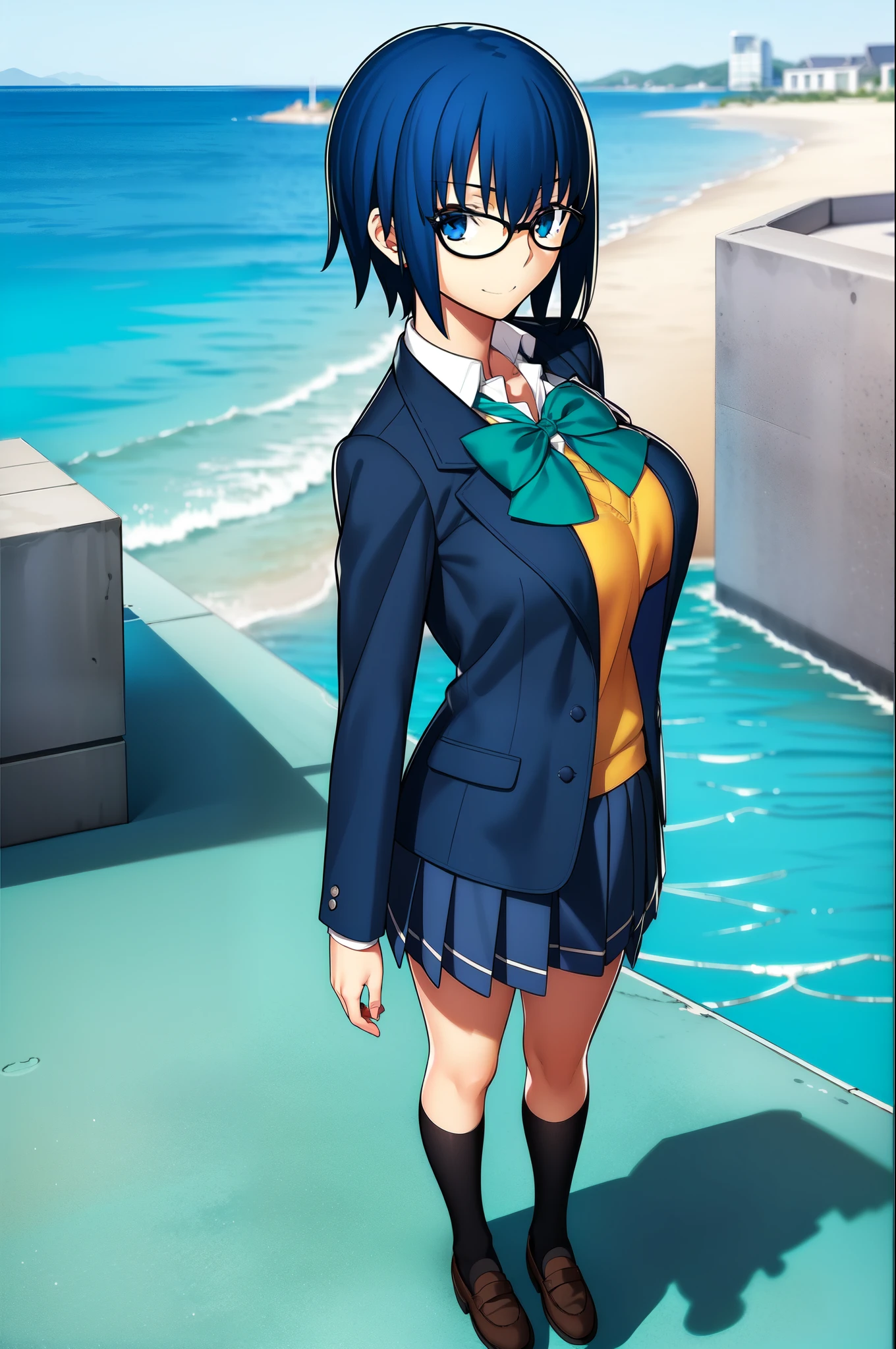 (masterpiece,best quality), scenery, tsukihimeciel, 1girl, full body, blazer, blue bow, blue eyes, blue hair, bow, bowtie, glasses, jacket, school uniform, short hair, big breast standing,detailed face, black shoes, long legs, buildings, next to her, ocean background, large breast