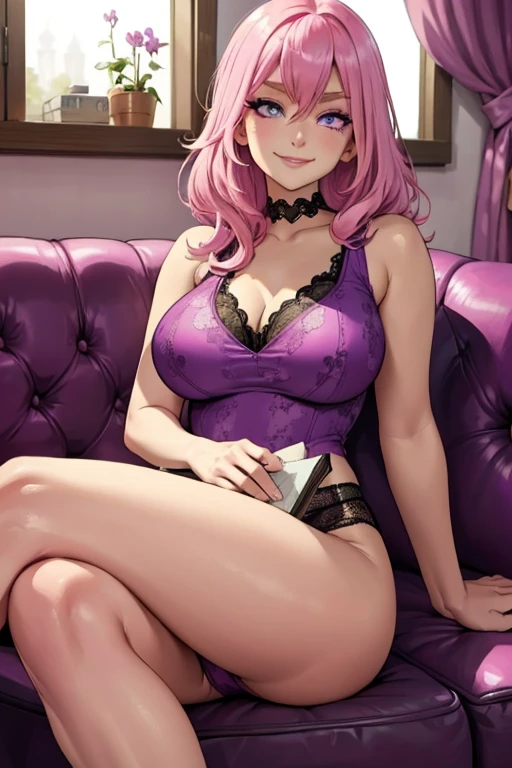 Perfect face. Perfect hands. A pink haired woman with violet eyes and an hourglass wearing a violet tank top and lacy underwear is reading on the couch with a big smile