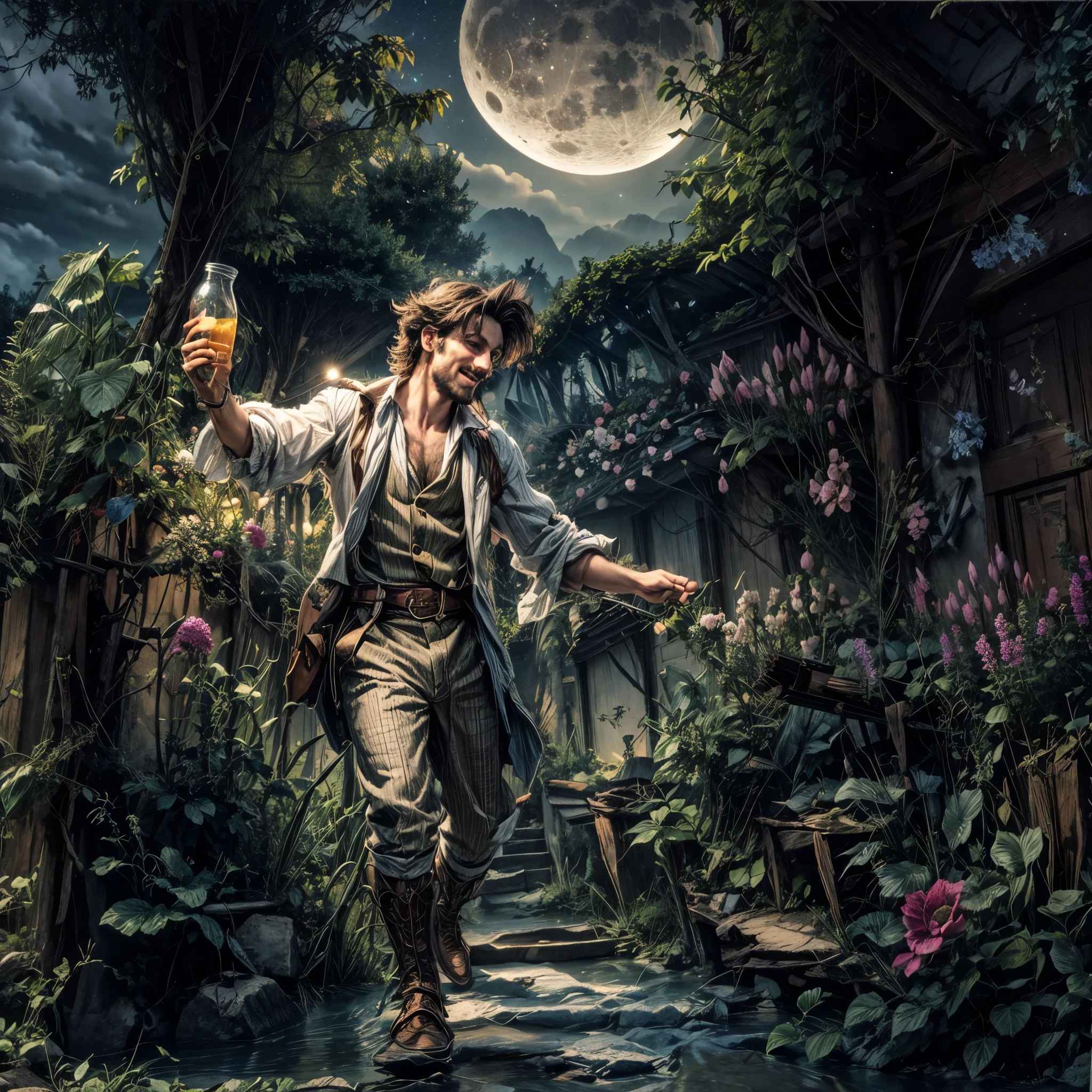 A jolly fellow with a bottle in his hand, dancing in a night blooming garden illuminated by a huge bright shining moon