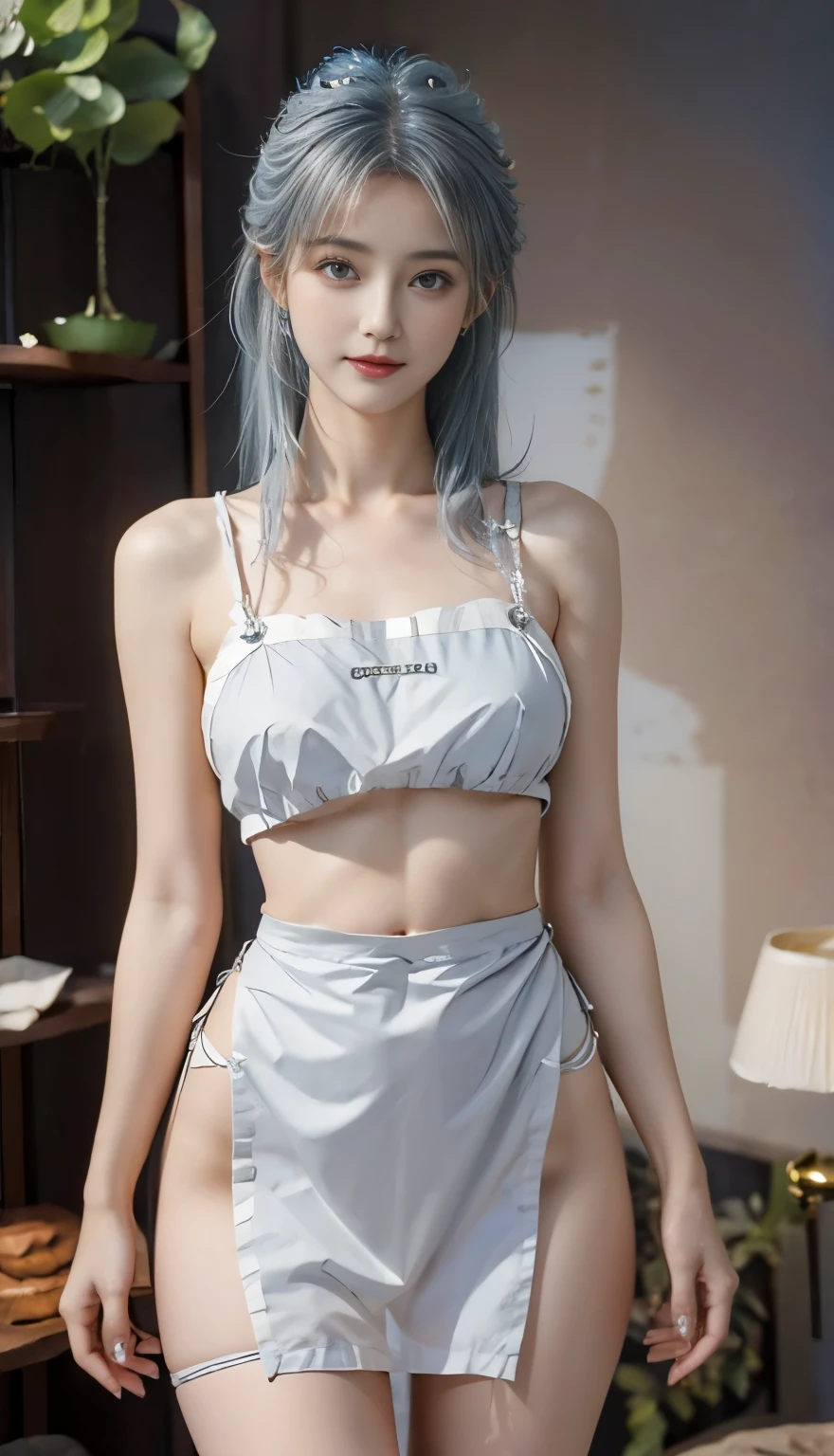 Top image quality、RAW Photography、ultra high-resolution、Shooting from the side、16-year-old Korean、Black apron、Apron to cook、large round breasts、Short Bob、Fair skin、shiny white skin、Beautiful eyes with random colors、Very thin lips、Beautiful eyes in every detail、elongated eyes、pale pink blush、long eye lashes、Beautiful double eyelids、eyeshadows、very thin legs、necklaces、ear ring、light white hair、Black Wall Room、kitchen、Dining table