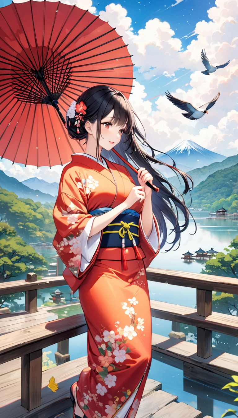 ((Umbrella)),Beautiful woman, ((Colorful Japanese clothing)),looking away,Please laugh, Please comb your hair with your hands,In the distance, Calm Mountains々You can see., White cloud, lake, shrine, standing on a bridge, スタイリッシュに設計された建物You can see., (Japanese painting), art，(Colored pencil drawing)，Written by hand ,Beautiful black hair,Large Breasts,Long Hair,A small bird is flying in the sky