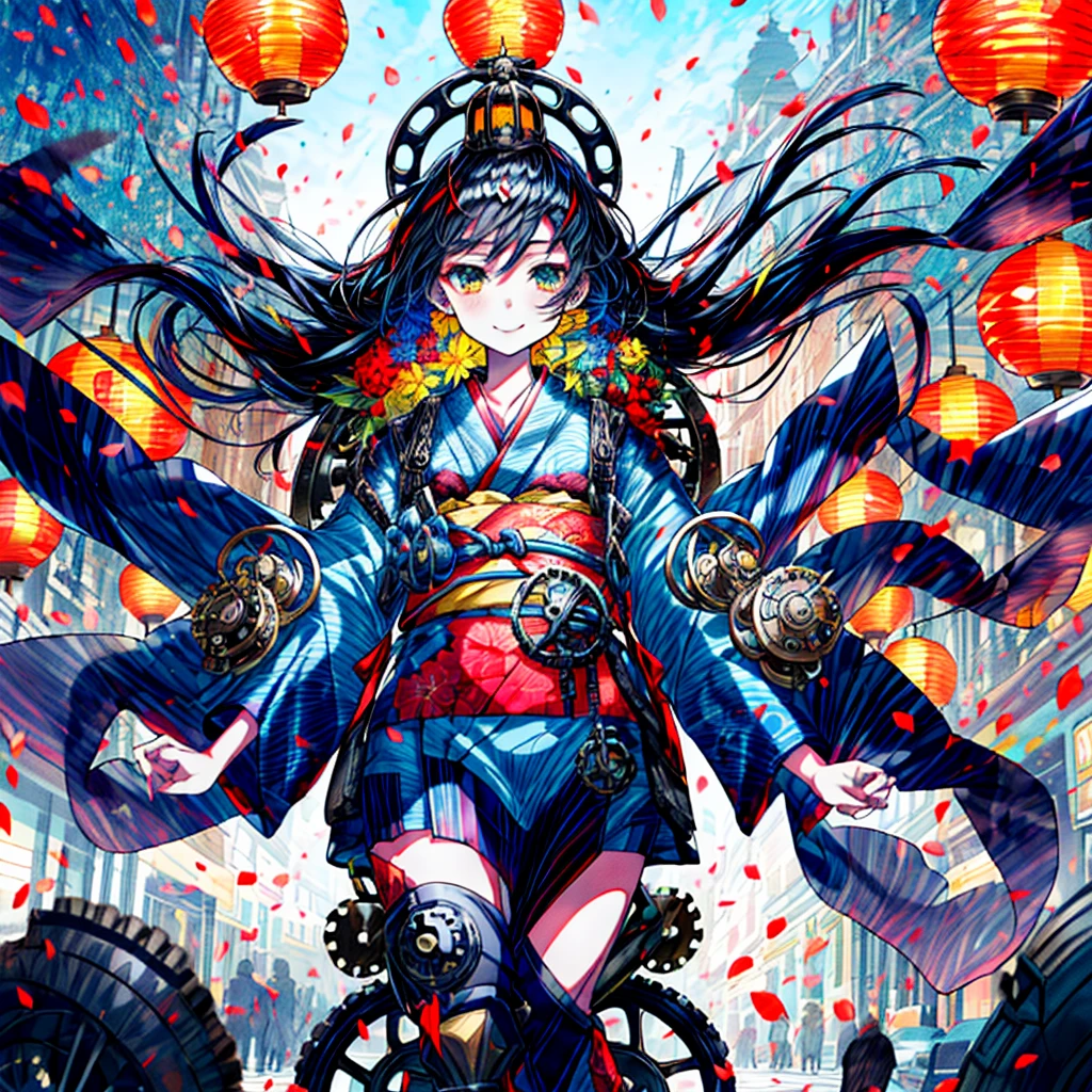 A highly detailed illustration of a beautiful anime girl with long flowing black hair wearing a traditional red kimono adorned with vibrant floral patterns. Her kimono is decorated with intricate flower designs in shades of pink, yellow, and blue, giving her an elegant appearance. She stands in a bustling, brightly lit street filled with colorful lanterns, vibrant signs, and various intricate decorations in the background. The setting has a festive, almost steampunk-like ambiance, with a large ornate mechanical wheel behind her. She has a crown of flowers in her hair and the overall atmosphere feels lively and celebratory, with petals floating in the air around her.