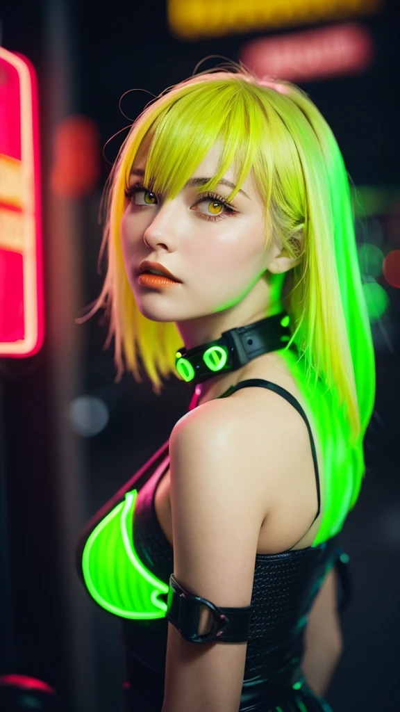 masterpiece, highest quality, 4K, Photorealistic, bokeh, enlightenment,1 perfect portrait of a girl, (A fascinating eye for perfect detail:1.2), colorful hair, (gradient hair), (neon yellow hair:1.6), (Cat ear:1.2), fantasy background, (exposed bare shoulders), (long-term alienation sleeve), (lean forward a little), head tilt, movie lighting, oversized clothes, (seductive pose:1.4), (neon yellow background:1.6), green beautiful eyes, close up,