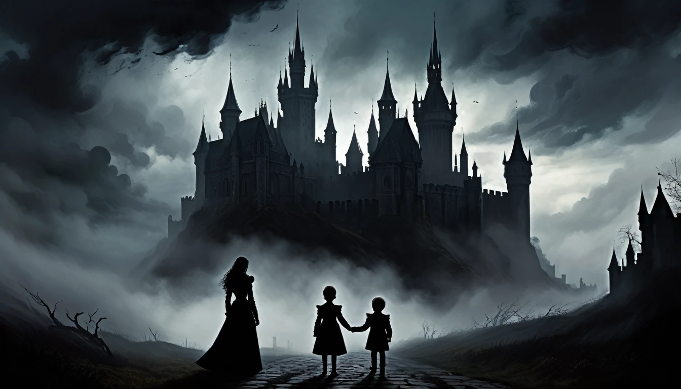 Digital painting with gothic style and dark and moody atmosphere. Ao fundo, there is a large, menacing castle with pointed towers, partially obscured by swirling clouds and fog. The layout features the silhouette of a woman and a child facing each other in the foreground.. The woman, with hair pinned back, looks like holding the child&#39;s hands, while the child looks at her. Both figures are in black, contrasting with a fiery red and orange background. The overall color palette is dominated by deep reds., oranges and blacks, creating a dramatic and intense scene.