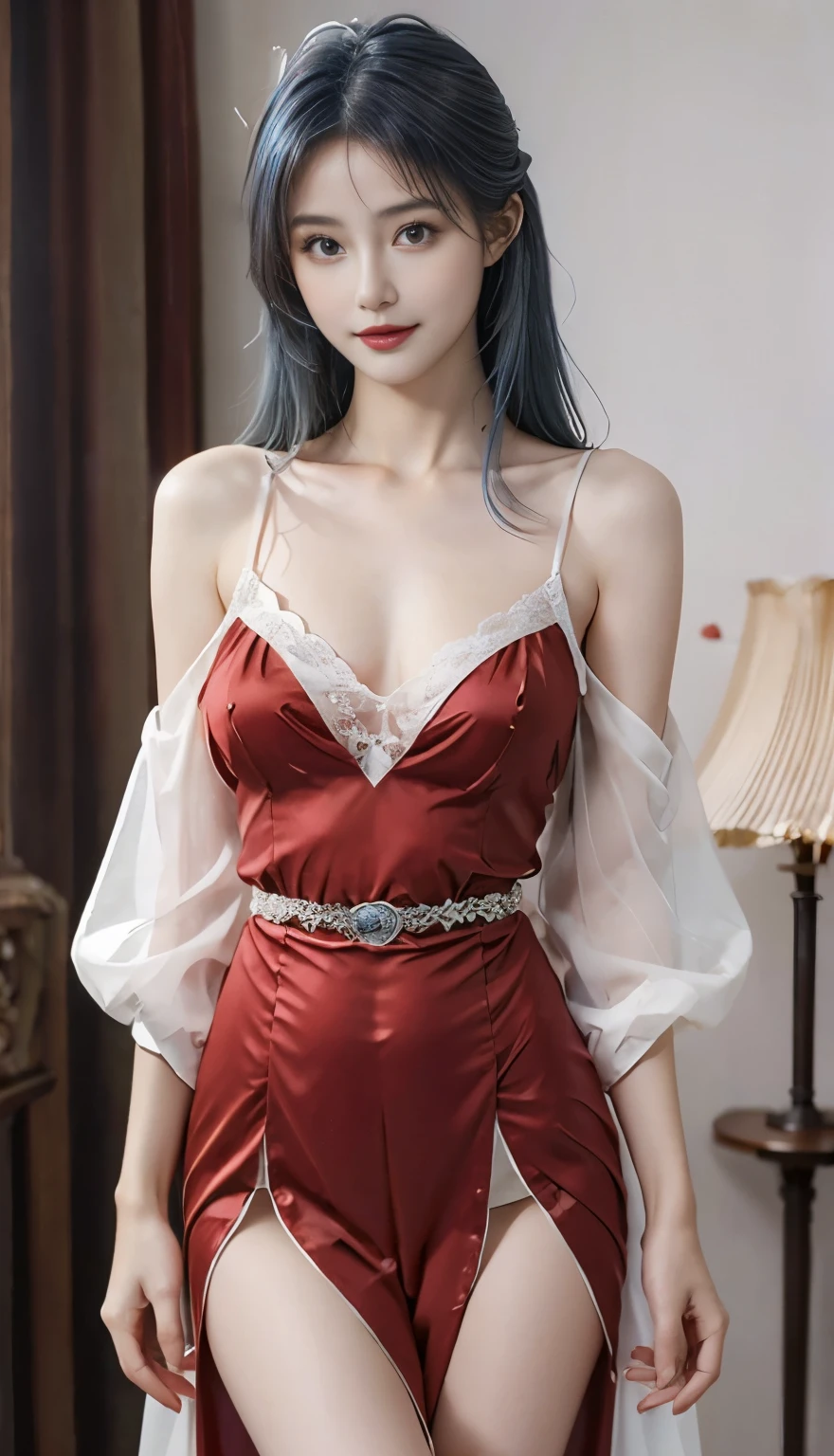 8K, masterpiece, Raw photo, Best quality, Photorealistic, extremely detailed CG unity 8K wallpaper, Depth of field, Cinematic light, lens flare, ray tracing, (incredibly beautiful face, beautiful pink lips, beautiful eyes, yellow-brown eyes), complex facial detail, ((ultra detailed skin)) 1 Girl, in the dark, deep shadow, beautiful Russian girl, idol,(very slim slim muscular body:1.3), ((I look at the viewer)),(big smile:1.3), (cityscape, sexy bedroom background), (Low light, roofs, porchway), beautiful girl, Sexy girl, SLUT, Whore, Showgirl, sexy lingerie, Earrings, bracelets, necklace, clear eyes, to walk , foreground, (pale skin), facing forward, (big eyes), ((full body shot)), ((white /blue silk lace)), ((Transparent dress in red:1.3)), ( red hairs), red hair, (I look at the viewer:1.3), (Lace sexy panties),(open chest, Huge breasts, size, hard nipples, pink nipples, have shine , (look through, red sleeping robe :1.3), porchway