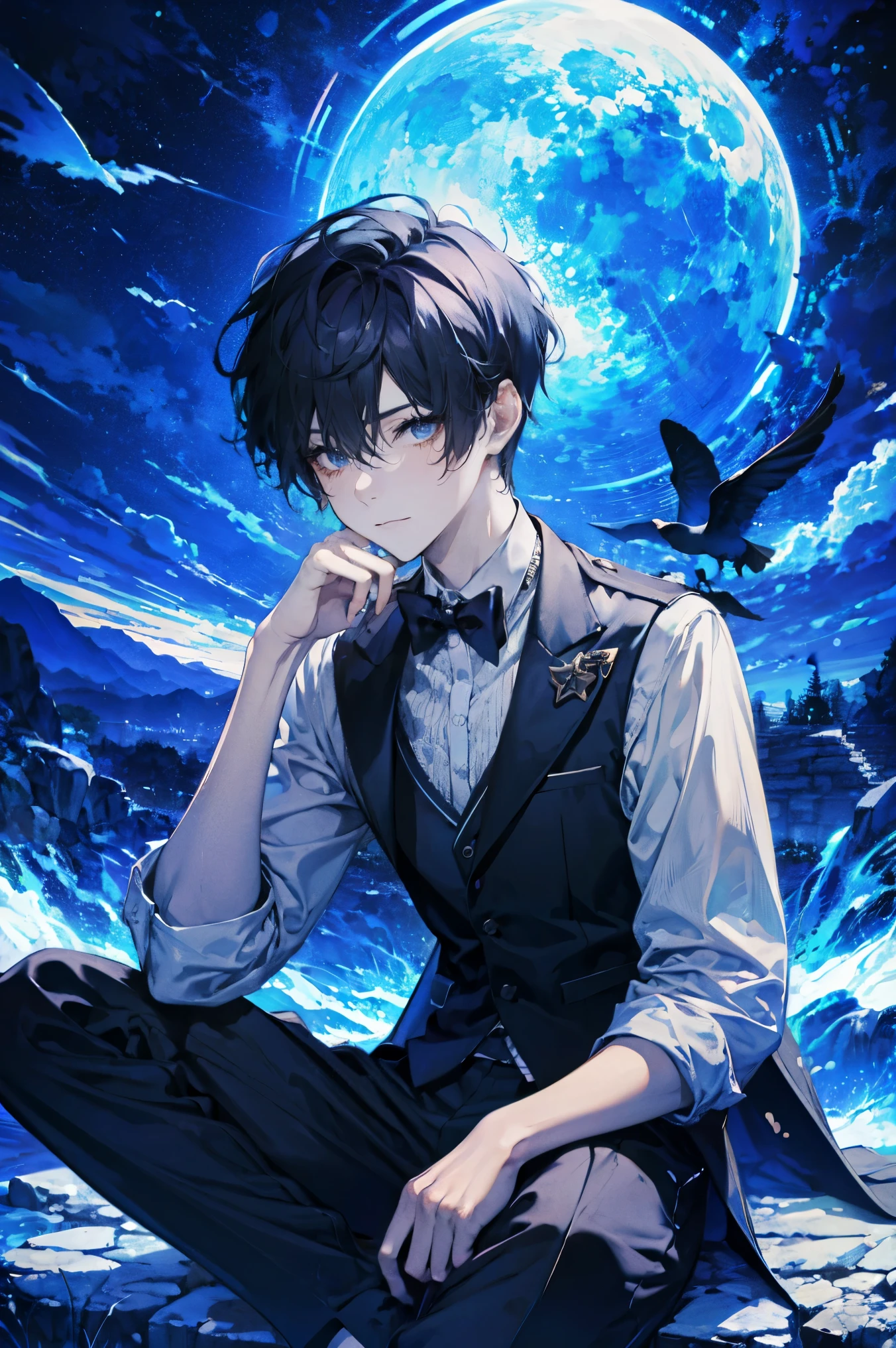 best quality, High resolution,1 boy,Nice face,official,black hair,short hair,aldult,trousers,Vest,sitting,night,Late Night,cloud,Surrealism,Star,flock of birds,Male focus,Strong depth of field,Milky Way