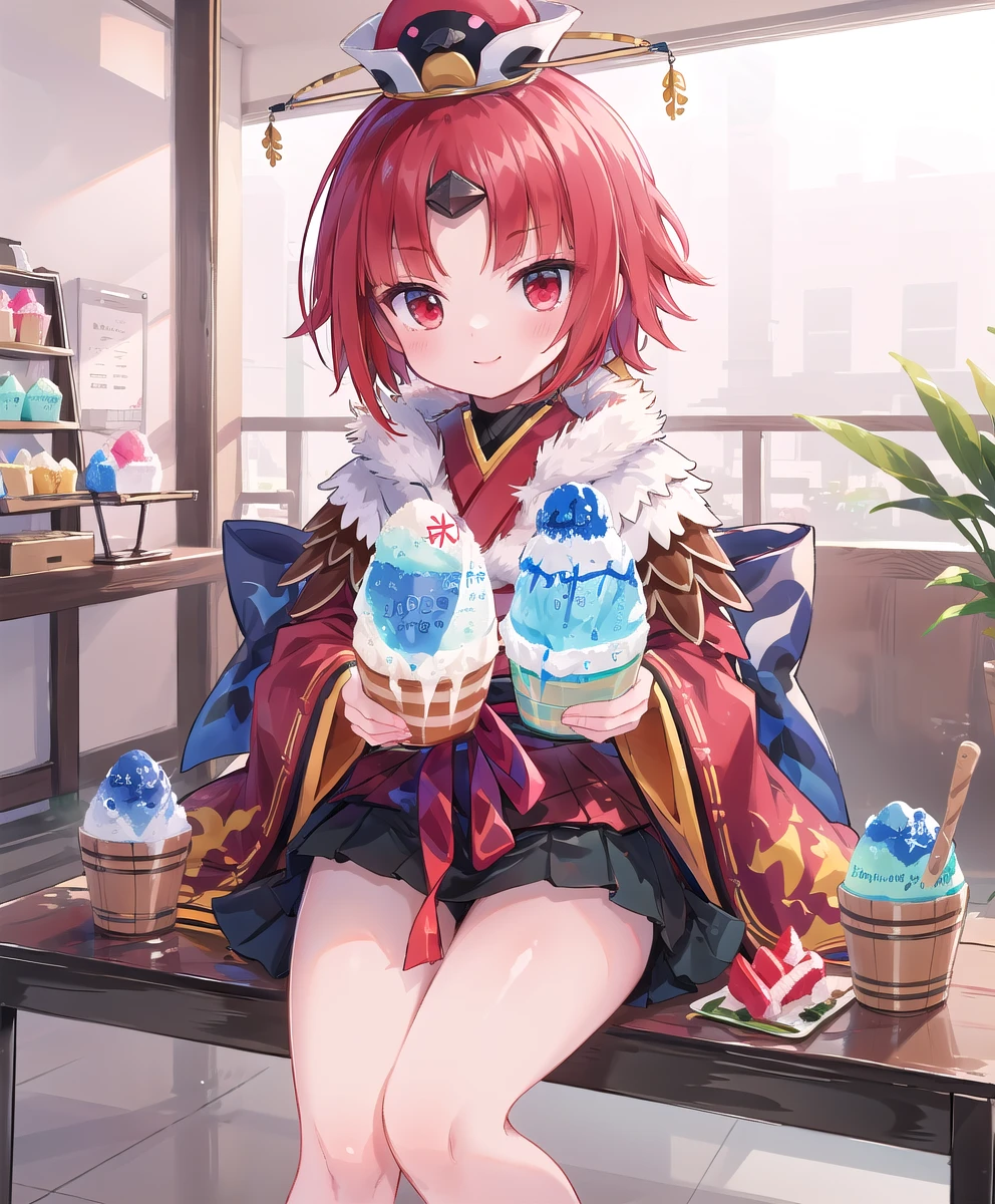 ((masterpiece,best quality:1.2)),(sit:1.2),((shaved ice:1.2)),Add a spoon:1.2,Enjoy the original shaved ice,1girl,summer,smile,Opening a store:1.2,be_nienma,wide sleeves, short hair,((red japanese clothes:1.2)),red hair, parted sleeves past wrists,Small pom-poms,Black belt,Black mini skirt,ribbon,hat