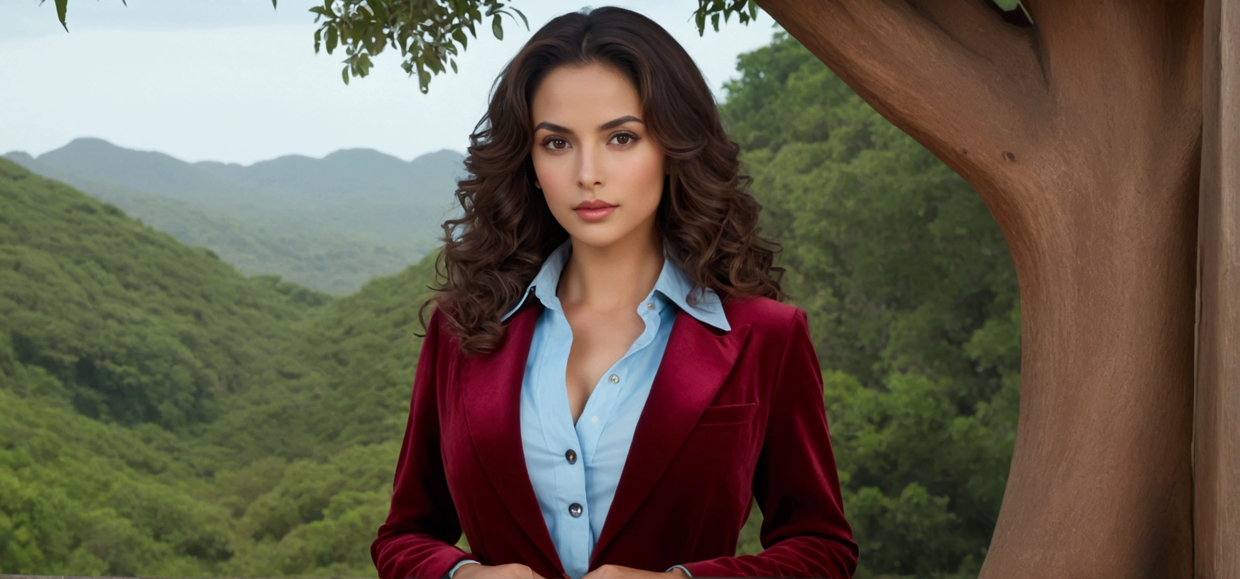 In this image, a woman is standing in a sexy pose, crossing her arms in front of her. She is wearing a red velvet blazer over a light blue button-down shirt, the collar of which is slightly open. MAtching red velvet skirt. Her body type is slim and athletic, and she stands with confidence and poise. Her posture is straight, with her shoulders squared, projecting a strong, determined demeanor. Her face has a classic oval shape with delicate features. She has a fair complexion with smooth, slightly tanned skin. Her lips are full and closed, giving her a subtle smile that conveys quiet confidence. Her nose is straight, and her dark eyebrows are neatly shaped, framing her expressive eyes. She has large, dark brown eyes that give her a focused, intelligent look, with a slight gleam of determination in them. Her hair is dark brown, thick, and curly, cascading down past her shoulders in voluminous waves. The curls are well-defined, adding a layer of texture and depth to her overall appearance. Her hair complements her professional yet assertive expression, reinforcing her strong and capable presence in the scene. The background appears to be an treehouse with a otherworldly panoramic view.
