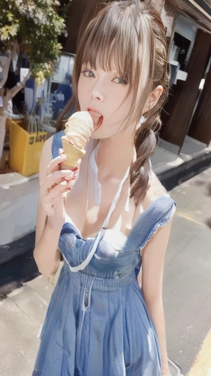 araffe girl in a denim dress eating an ice cream cone, pretty girl, Cute Core, ice cream, Girl cute beautiful face, Chiho, sakimichan, ice creamを食べること, eating ice cream, Ulzzang, Popular on cgstation, Nice and cute, 若くてpretty girl