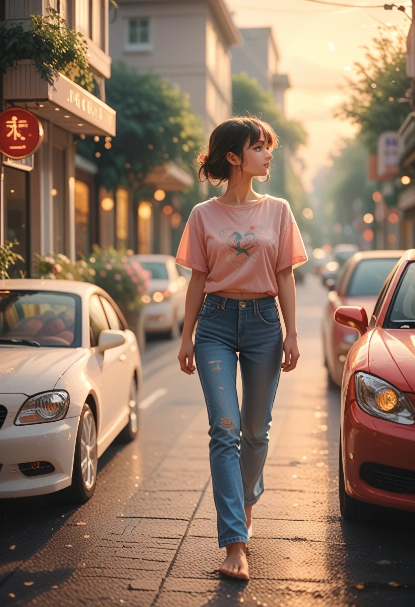 The flow of vision of a beautiful woman, walking down the street, Her pink t-shirt and faded blue jeans, sunlit, a red car drives by in the background, and a world of flickering light.  