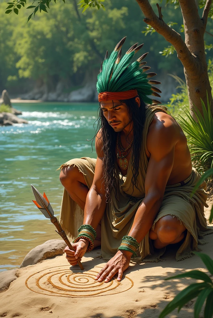 
there is a boy sitting on the floor with a feather headdress, indigenous man, Amazonian indigenous peoples in Brazil, usando coroa de penas brilhantes, vestido com roupa de palha,  cocar de penas, coroa de penas muito longas, na frente de um fundo de floresta, ayahuasca ceremony