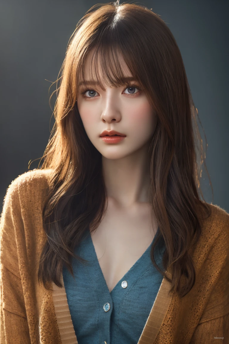 open cardigan,(masterpiece, best quality, absurdres, highres),ultra detailed,beautiful detailed face,pale skin,realistic glistening skin,detailed cloth texture,detailed hair texture,cinematic lighting,realistic lighting,detailed beautiful face and eyes and hair,ideal ratio body proportions,nice hands,perfect hands,extremely detailed background,