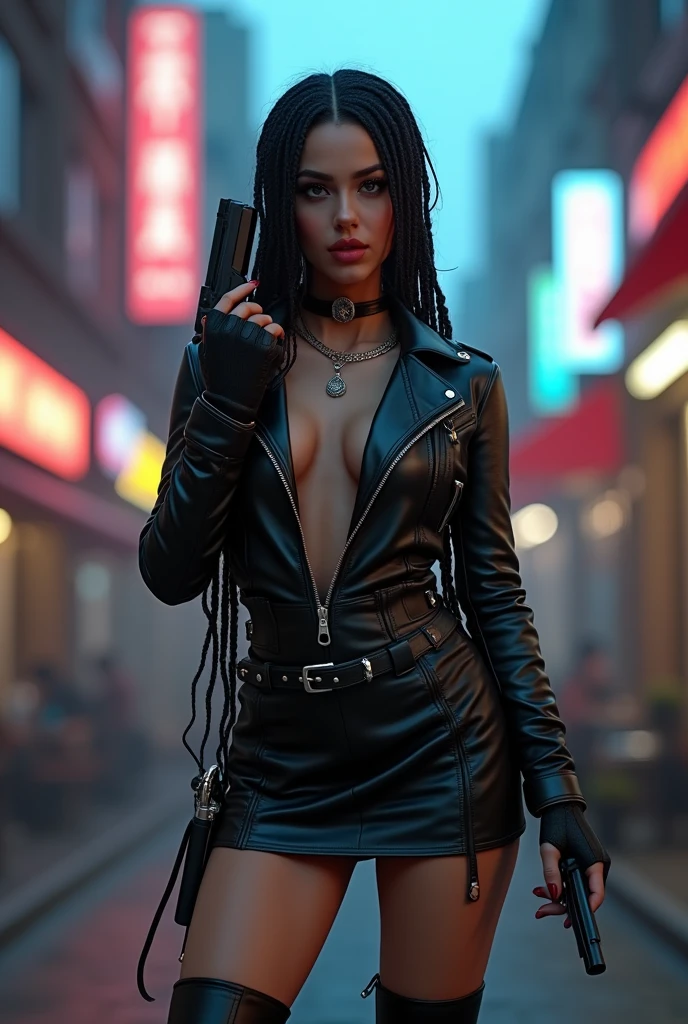 arafed woman holding a gun in a city with a skyscraper in the background, digital art by Hiroyuki Tajima, deviantart, neo-figurative, trinity from the matrix, trinity the matrix, in the new matrix movie, dramatic wielding gun pose, neo from the matrix, from matrix ( 1 9 9 9 )