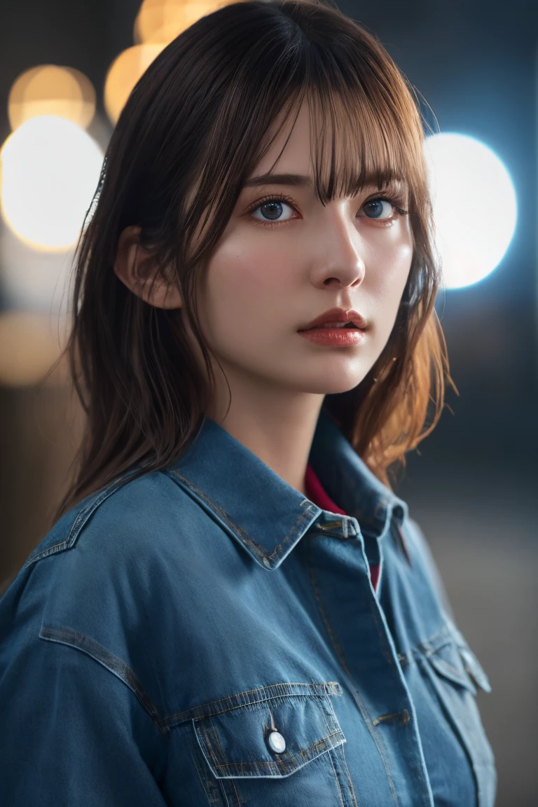 denim shirt,(masterpiece, best quality, absurdres, highres),ultra detailed,beautiful detailed face,pale skin,realistic glistening skin,detailed cloth texture,detailed hair texture,cinematic lighting,realistic lighting,detailed beautiful face and eyes and hair,ideal ratio body proportions,nice hands,perfect hands,extremely detailed background,standing pose,fullbody