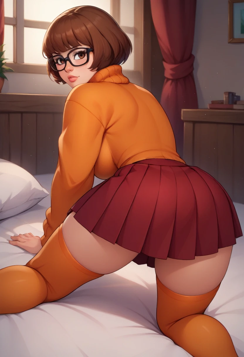 score_9, score_8_up, score_7_up, source_anime BREAK 1girl, VelmaXL, 1girl, solo, breasts, looking at viewer, short hair, bangs, skirt, large breasts, brown hair, thighhighs, brown eyes, ass, thighs, pleated skirt, glasses, looking back, from behind, sweater, lips, red skirt, turtleneck, watermark, all fours, black-framed eyewear,  turtleneck sweater, orange thighhighs, orange sweater