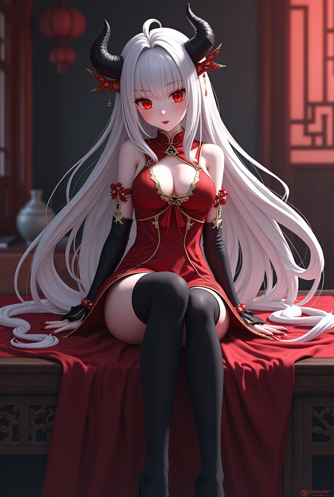 Ning Guang (Genshin), 1 girl, long hair, breasts, looking at viewer, blushing, bangs, large breasts, hair accessory, red eyes, dress, hugging, bare shoulders, closed mouth, white hair, heart, solo focus, looking back, facing away, sitting, sitting on glass chair, on glass panel, visible female genitalia, visible vagina, visible pussy, visible vagina, Chinese dress, tassels, cheongsam
