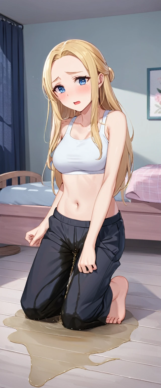 ((best quality, masterpiece:1.3, 8K)), (detailed), highly detailed face and skin texture, detailed eyes, bedroom, full body, slender body, 1girl, 25 years old, white skin, blue eyes, bright lips, scared,worried, embarrassed, panicking, blond hair, straight hair, long hair, (forehead:1.0), blue eyes, white croptop, no sleeves, navel, jeans pants, flares jeans, blue jeans, barefoot, peeing jeans, peeing pants, pee stain, (wetting herself:1.5, desperation:1.5),