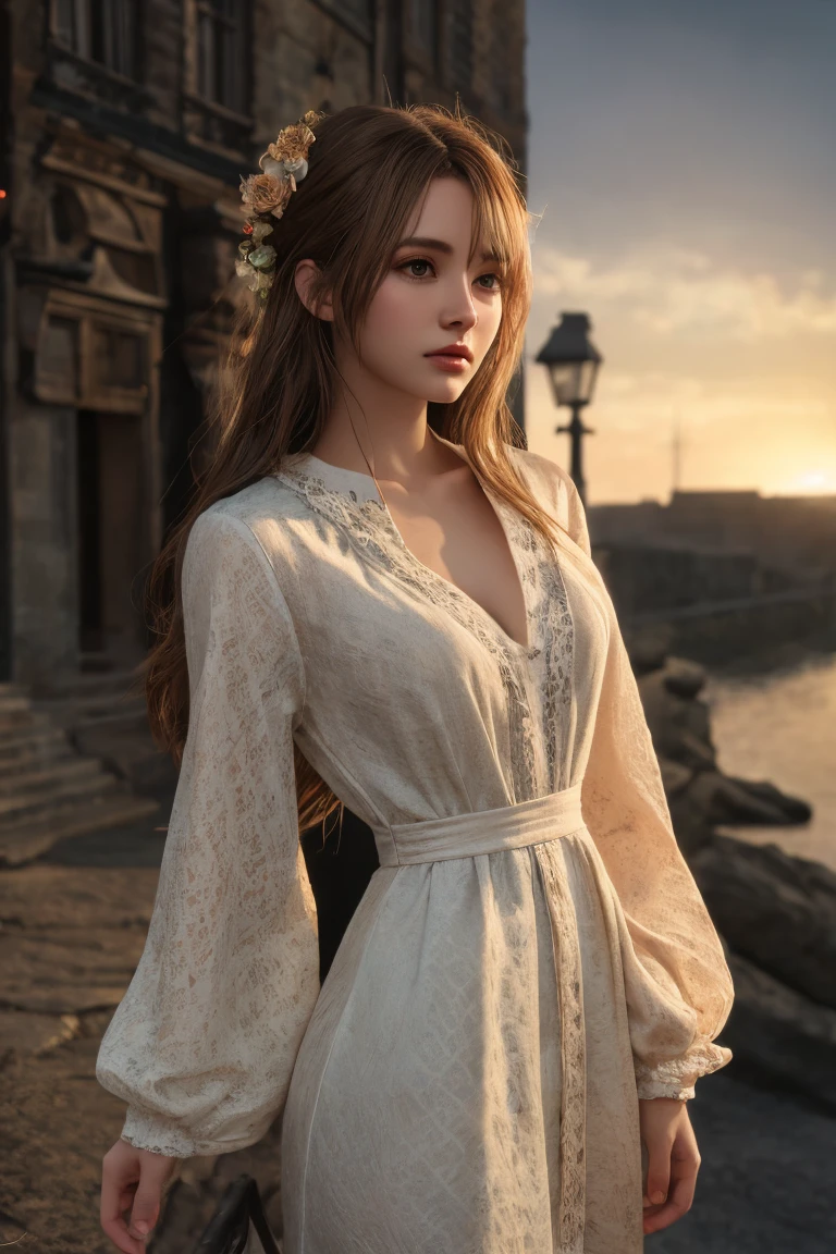 casual dress,(masterpiece, best quality, absurdres, highres),ultra detailed,beautiful detailed face,pale skin,realistic glistening skin,detailed cloth texture,detailed hair texture,cinematic lighting,realistic lighting,detailed beautiful face and eyes and hair,ideal ratio body proportions,nice hands,perfect hands,extremely detailed background,standing pose,fullbody