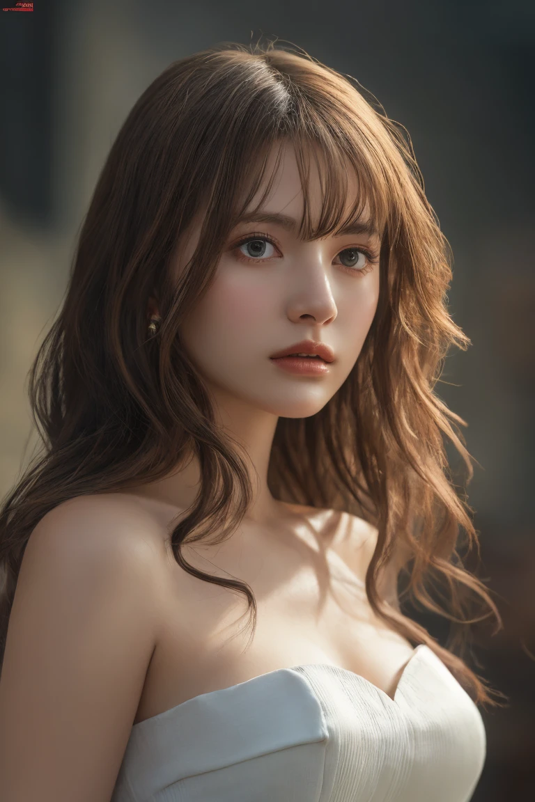 strapless dress,(masterpiece, best quality, absurdres, highres),ultra detailed,beautiful detailed face,pale skin,realistic glistening skin,detailed cloth texture,detailed hair texture,cinematic lighting,realistic lighting,detailed beautiful face and eyes and hair,ideal ratio body proportions,nice hands,perfect hands,extremely detailed background,standing pose,fullbody