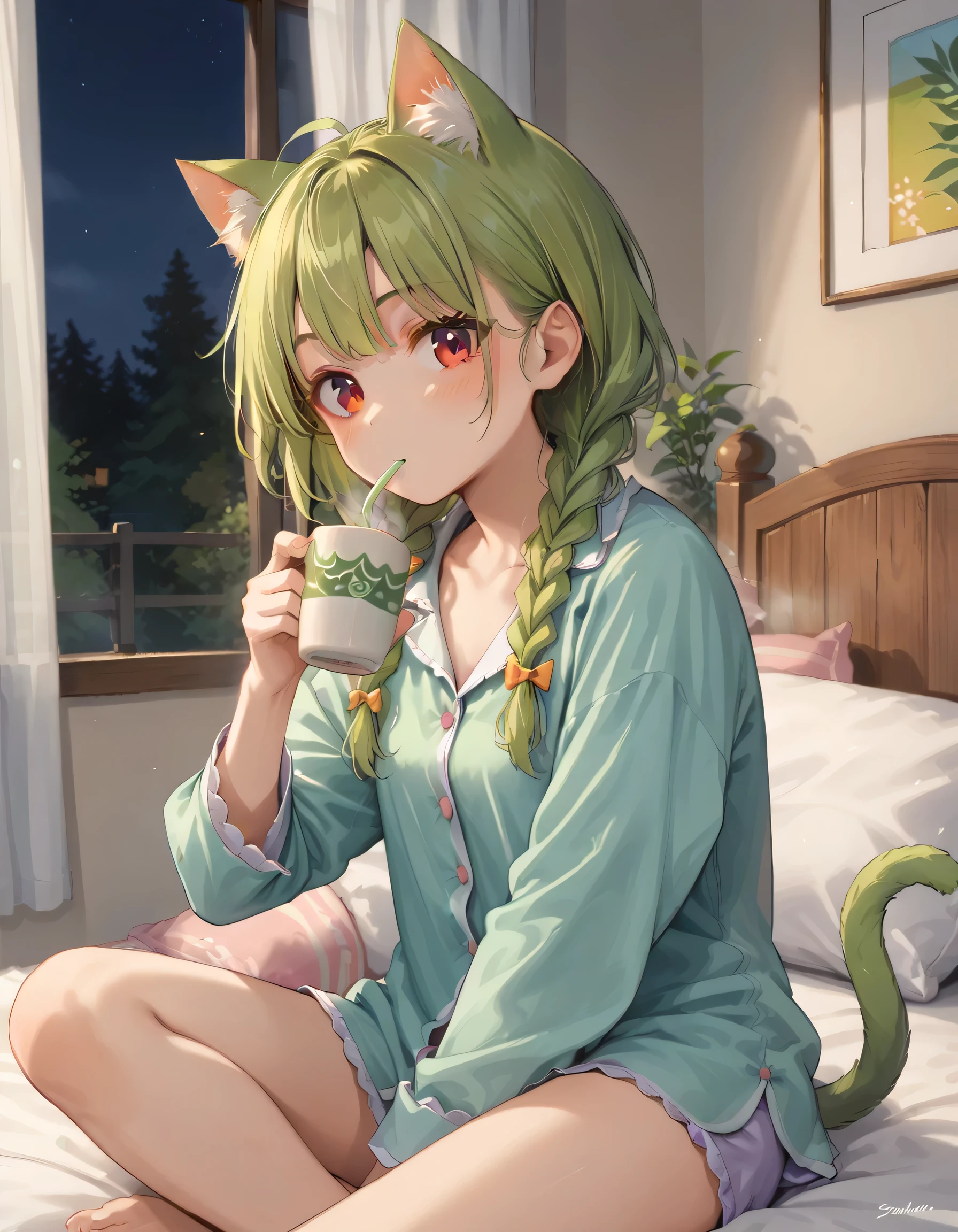 Score_9, score_8_up, score_7_up, source_anime, safe,
1 woman, catgirl, green hair, braids, green cat ears, green cat tail, orange eyes, pajama, drinking hot tea, bedroom, evening,