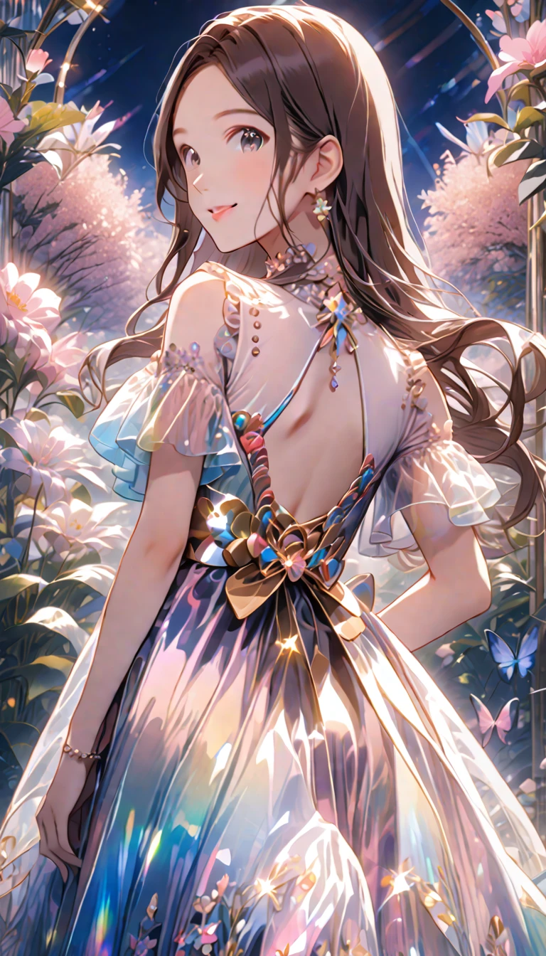 ((High definition, high detail, uhd, 8k, Masterpiece)), full body standing, From behind, Night garden, 1 Cute anime girl, Looking at me and gentle smiling, dark brown long hair, hime cut, Colorful long dress, frilly see-through long dress, transparent clothes, shiny glossy iridescent clothes, shiny glossy gradient iridescent clothes, shiny reflective clothes, glittering and fluffy effect of pastel and vivid colors, DOF, 