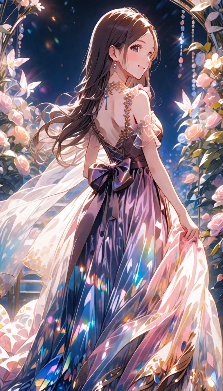 ((High definition, high detail, uhd, 8k, Masterpiece)), full body standing, From behind, Night garden, 1 Cute anime girl, Looking at me and gentle smiling, dark brown long hair, hime cut, Colorful long dress, frilly see-through long dress, transparent clothes, shiny glossy iridescent clothes, shiny glossy gradient iridescent clothes, shiny reflective clothes, glittering and fluffy effect of pastel and vivid colors, DOF, 