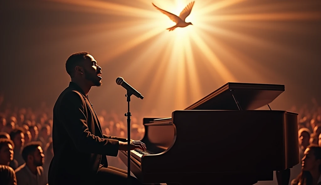 (photorealism:1.2), a black man singing emotionally while playing a ...