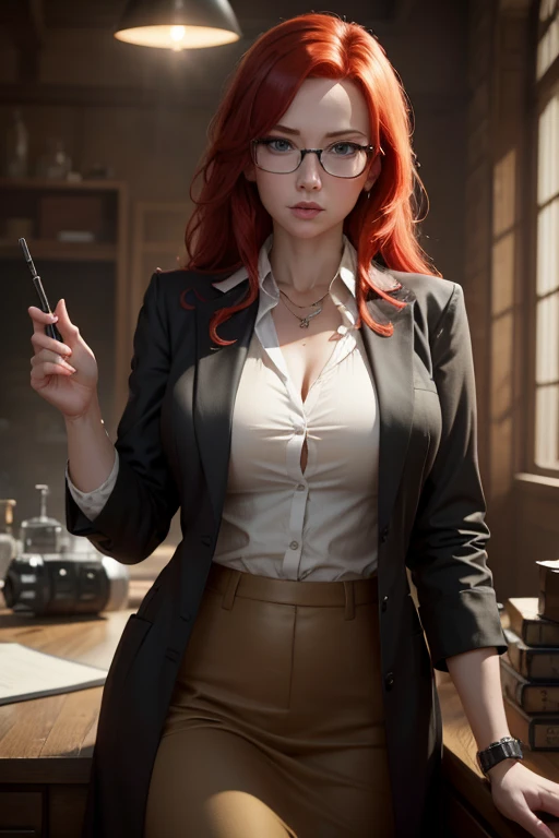 a redheaded scientist woman, glasses, white lab coat, red shirt, black skirt, intricate details, photorealistic, 8k, cinematic lighting, hyper detailed, highly realistic, award winning, masterpiece, studio lighting, physically-based rendering, vibrant colors, dramatic lighting, sharp focus, female scientist, genius intellect, passionate expression, serious look, stoic pose, scientific breakthrough