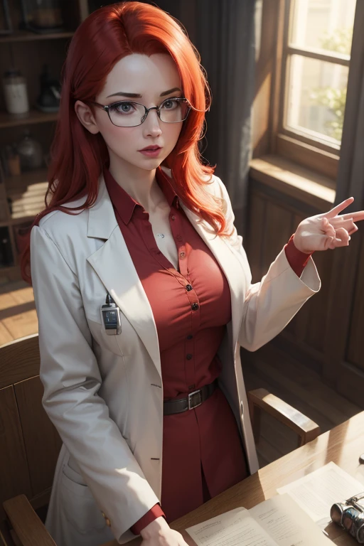 a redheaded scientist woman, glasses, white lab coat, red shirt, black skirt, intricate details, photorealistic, 8k, cinematic lighting, hyper detailed, highly realistic, award winning, masterpiece, studio lighting, physically-based rendering, vibrant colors, dramatic lighting, sharp focus, female scientist, genius intellect, passionate expression, serious look, stoic pose, scientific breakthrough