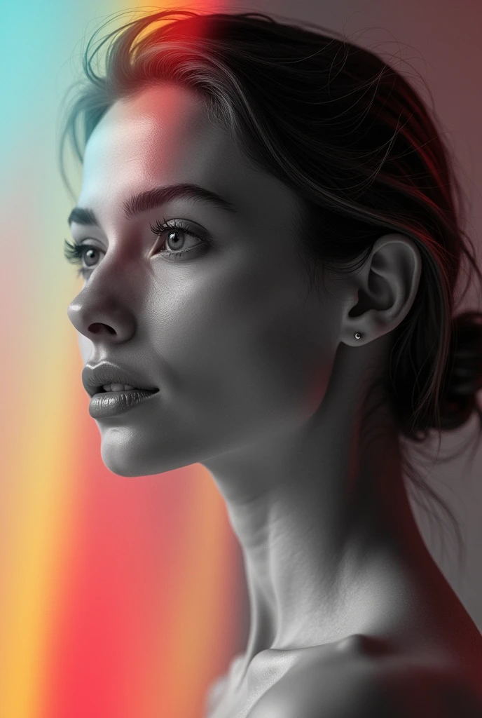 a colorful liner gradients overlay on top of a monochrome photo of beautiful woman with opacity 0.9, overlay photography, well blended 