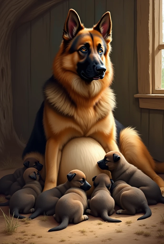 Create a video of a German Shepherd wearing maternity clothes holding her little puppy wearing baby clothes, looking forward like humans do, realistic, true to life, high resolution details, full picture like real