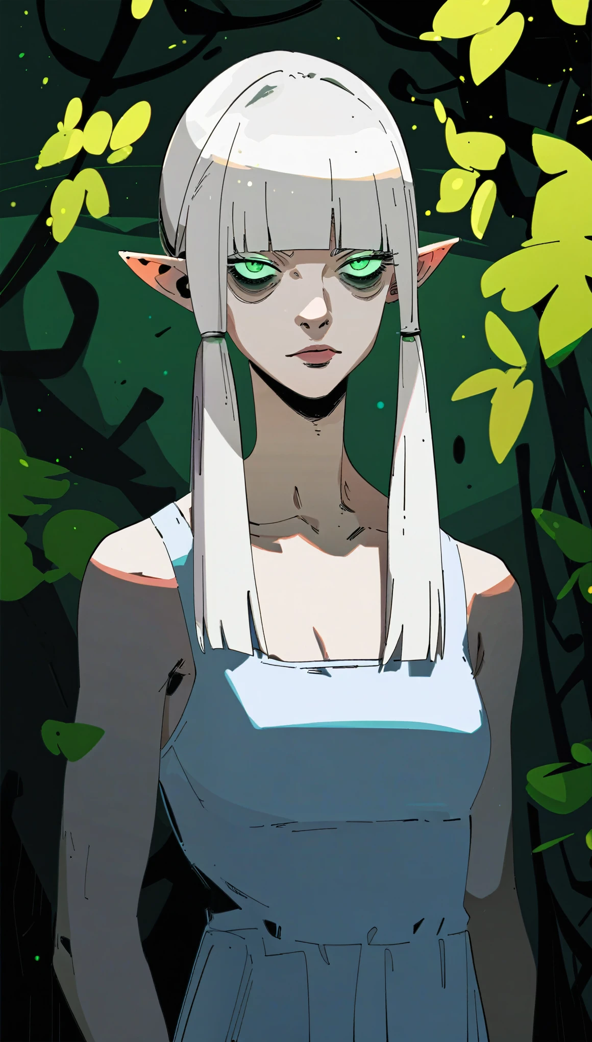 source_anime, score_9, score_8_up, score_7_up, score_6_up, hds style, cel shading, linear hatching, dark theme, (dark background:0.8), low light, looking at viewer, upper body, 1girl, solo, adult, tall female, white hair, long hair, long bangs, twintails, green eyes, blunt bangs, full bangs, straight hair, small breasts, half-closed eyes, bags under eyes, (expressionless:0.8), white sundress, pale skin, pointy ears, collarbone, forest, grass, night, glowing eyes