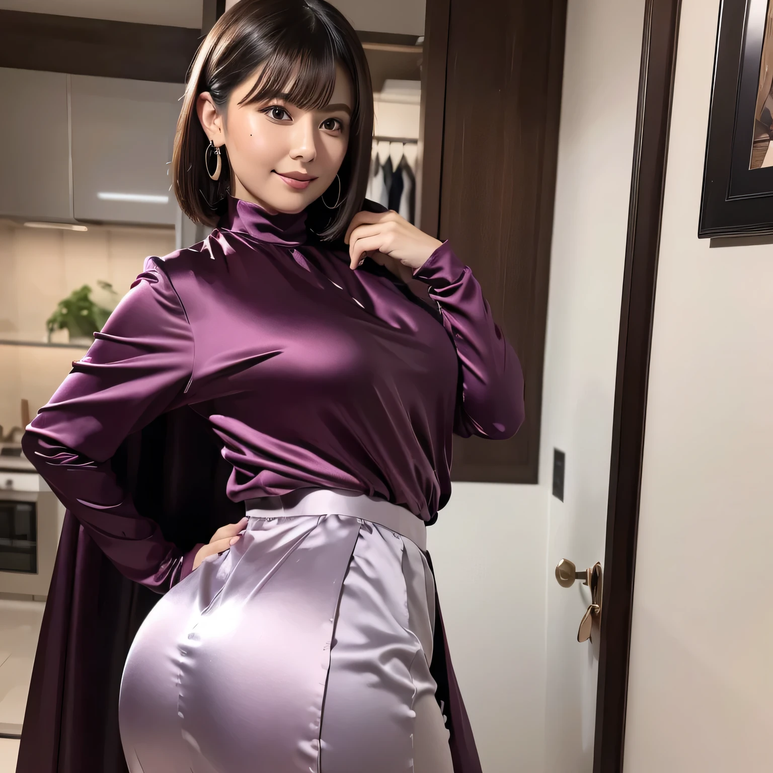 (8k, Highest quality, Ultra HD,masterpiece: 1.2)Wearing a metallic turtleneck satin shirt with a strong sheen of silk satin:1.8,She is wearing a metallic long pleated skirt:1.8,,gigantic breasts:1.8,Plump,Chubby,smile,bigbody,Very fat,blunt bangs:1.3,Hair tucked behind ear,wearing big earrings,Photo taken at a satin clothing store:1.5,Long pleated satin skirt:1.8,satin long coat:1.8,Ass to the camera:1.5,Your butt is facing this way:1.2