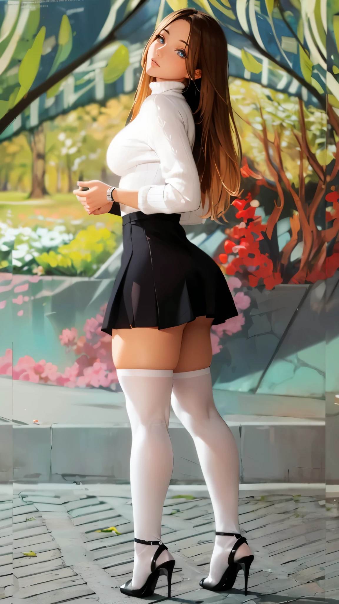 (best quality,8k,ultra highrest:),detailed,realistic,perfect delicated face,beautiful girl,i want to see face ,beautifully fit body, perfect eyes,wavy hair, long hairstyle,hair colour black,body perfect,wearing acmm long skirt fitting(colour darkgreen),shirt colour white,back viewed from see booty,outdoor enviroment,tree,highly detailed,bokeh,professional,35mm photograph,film,sexy