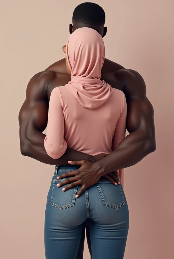 African black man lifting a pale skin Russian woman in straight hijab in room  