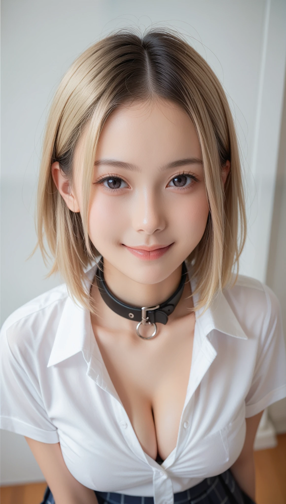 ((highest quality、Masterpiece、High resolution))、(((Zoomed photo from the front、Wet body)))、(A shy smile:1.2)、One woman, aged 20、blazer、shirt、Cleavage、Trimmed bangs、Blonde Hair、room