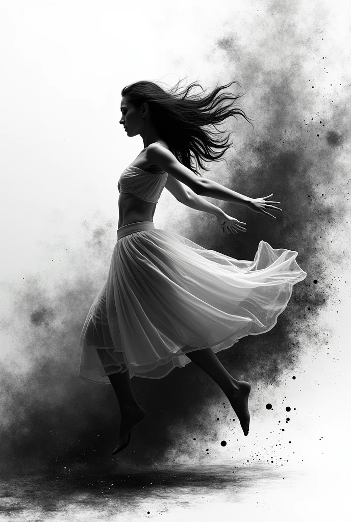 Award-winning photography, High Quality, Pen and Ink, Photograph of Fine Art Detailed in a black and white photograph depicting a surreal portrait photograph, full-body, female in a dress, dynamic portrait of a female model in motion blur scratched effects, representing movement and powerful energy, with streak of blackness on the background that enhances the perception of speed and fluidity. bokeh, creative, stylish, realistic, UHD, detailing 