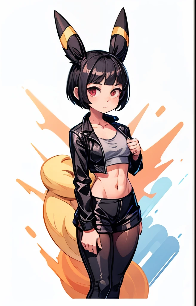 a muscular girl with black hair, umbreon ears, red eyes, wearing a black leather jacket open over a pink sports bra, black microskirt with leggins minishorts, slim waist, small breasts, pixie cut hairstyle, cinematic lighting, detailed face, highly detailed, photorealistic, 8k, vibrant colors, dynamic pose