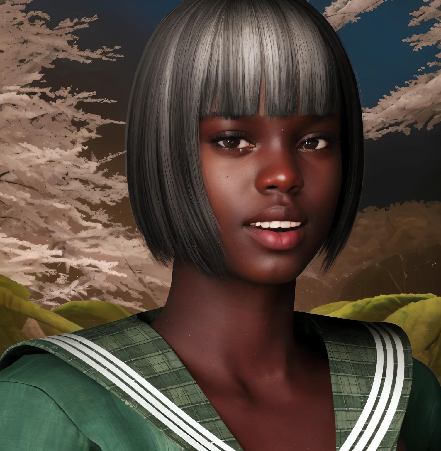 a photoRealistic portrait of Ajak Deng , Beautiful young woman standing by the window watching the rain, Short black hair, A gentle smile, Wearing a striped dress, Transparent, Necklace Pearl, 垂れたLarge Breastsと広い腰, Close-up shot, Detailed facial features, Very detailed, High resolution, 8k, photoRealistic, Realistic, Cinematic Lighting, Dramatic lighting, Sharp focus, Glowing Skin, Natural skin texture, Volumetric lighting, Depth of written boundary, Cinematic composition, Dramatic pose ((Large Breasts)) Floral decoration, Traditional Japanese hairstyles and accessories 