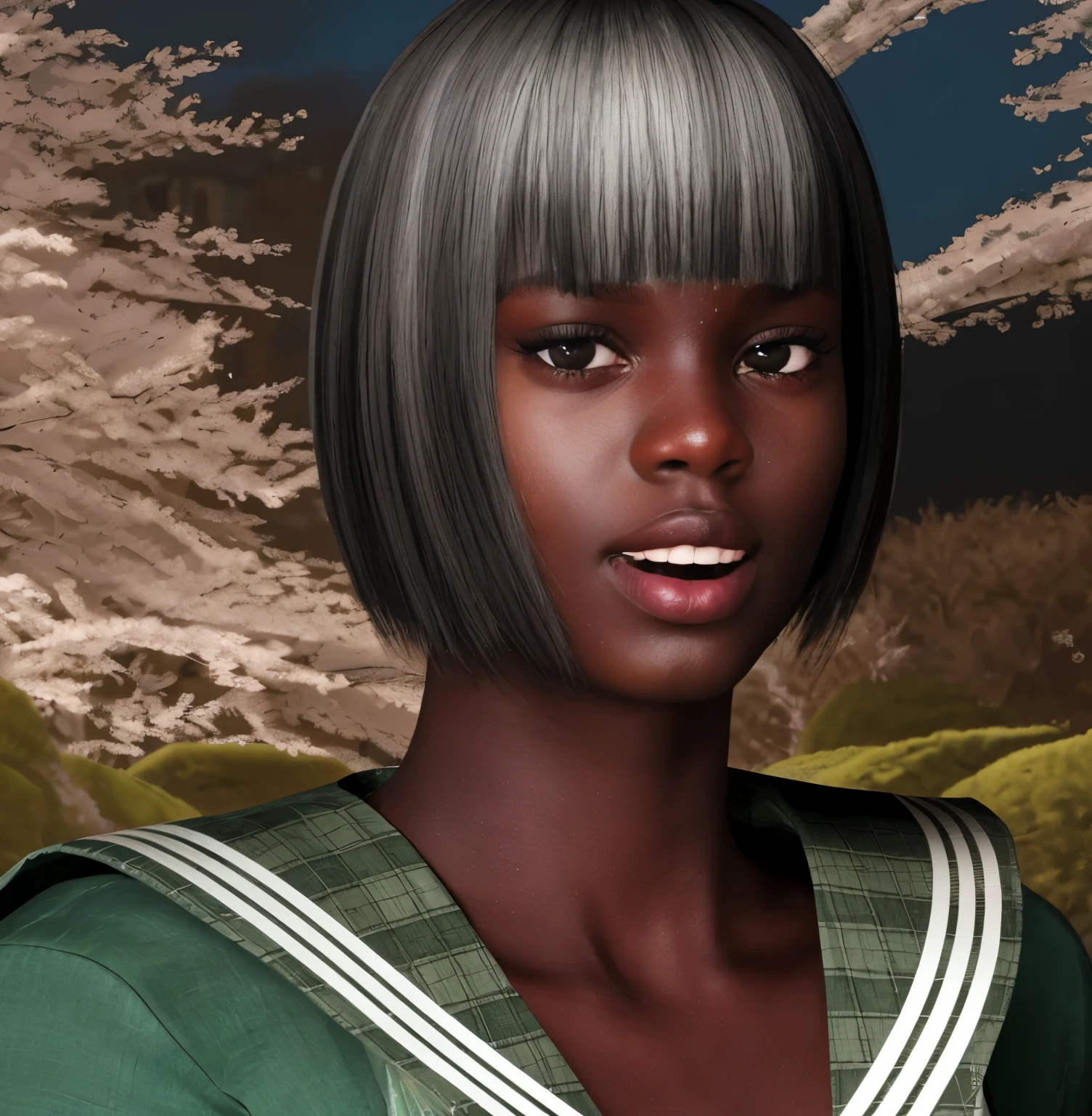 a photoRealistic portrait of Ajak Deng , Beautiful young woman standing by the window watching the rain, Short black hair, A gentle smile, Wearing a striped dress, Transparent, Necklace Pearl, 垂れたLarge Breastsと広い腰, Close-up shot, Detailed facial features, Very detailed, High resolution, 8k, photoRealistic, Realistic, Cinematic Lighting, Dramatic lighting, Sharp focus, Glowing Skin, Natural skin texture, Volumetric lighting, Depth of written boundary, Cinematic composition, Dramatic pose ((Large Breasts)) Floral decoration, Traditional Japanese hairstyles and accessories 