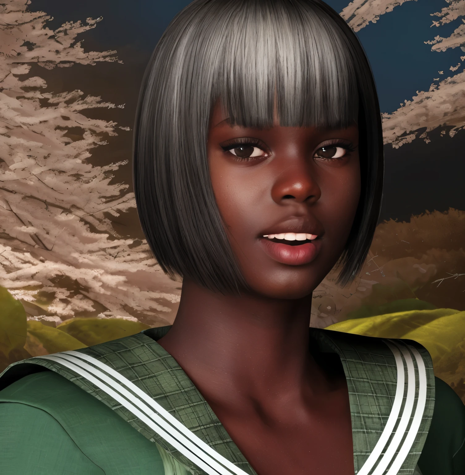 a photoRealistic portrait of Ajak Deng , Beautiful young woman standing by the window watching the rain, Short black hair, A gentle smile, Wearing a striped dress, Transparent, Necklace Pearl, 垂れたLarge Breastsと広い腰, Close-up shot, Detailed facial features, Very detailed, High resolution, 8k, photoRealistic, Realistic, Cinematic Lighting, Dramatic lighting, Sharp focus, Glowing Skin, Natural skin texture, Volumetric lighting, Depth of written boundary, Cinematic composition, Dramatic pose ((Large Breasts)) Floral decoration, Traditional Japanese hairstyles and accessories 