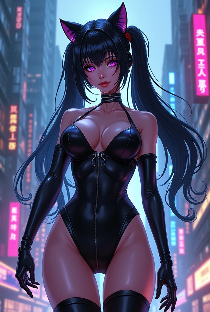 girl spacepunk,(((1girl))),((cute and beautiful black haired girl)),

(large breasts:1.4),saggy breasts,(((black wavy hair:1.35,absurdly long unkempt hair,messy hair,colored inner hair,ear breathing))),(((purple_eyes:1.3))),intricate eyes,beautiful detailed eyes,symmetrical eyes,((fat)),(((lustrous skin:1.5,bright skin: 1.5,skin tanned,shiny skin,very shiny skin,shiny body,plastic glitter skin,exaggerated shiny skin,illuminated skin,wet legs))),(spider lower abdomen,narrow waist,wide hip,athletic body,inflated legs,detailed body,(detailed face)),

cute,slutty,erotic,((nsfw)),

zettai ryouiki,revealing clothing,show skin,(wearing a mechanical space body armor:1.3,micro armor bikini,bare legs),with micro clothes,almost totally naked,with little clothing,tiny thong,generous neckline,(((wet clothes,intricate outfit,intricate clothes))),

dynamic pose:1.0,embarrassed,(centered,scale to fit dimensions,Rule of thirds),

cyberpunk city by the ocean at night, with bright neon signs and dark stormy clouds and puddles, scenery:1.25,

artistic photography,(photography taken by sldr),highres, sharp focus, (ultra detailed, extremely detailed), (photorealistic artwork:1.37),(extremely detailed CG unity 8k wallpaper),((synthwave background theme)),(((vibrant colors))),(intricate background),(masterpiece),(best quality),