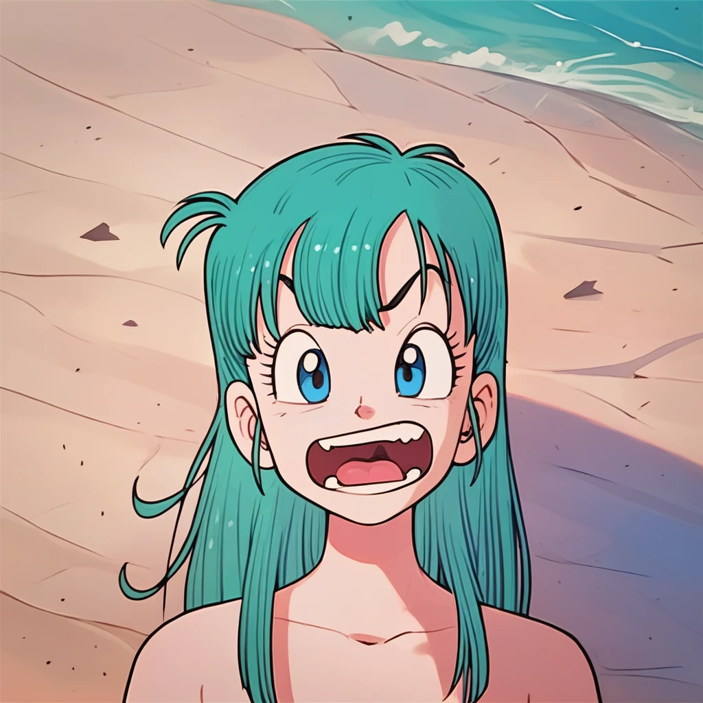 Bulma nude on a beach, livid, shouting at viewer