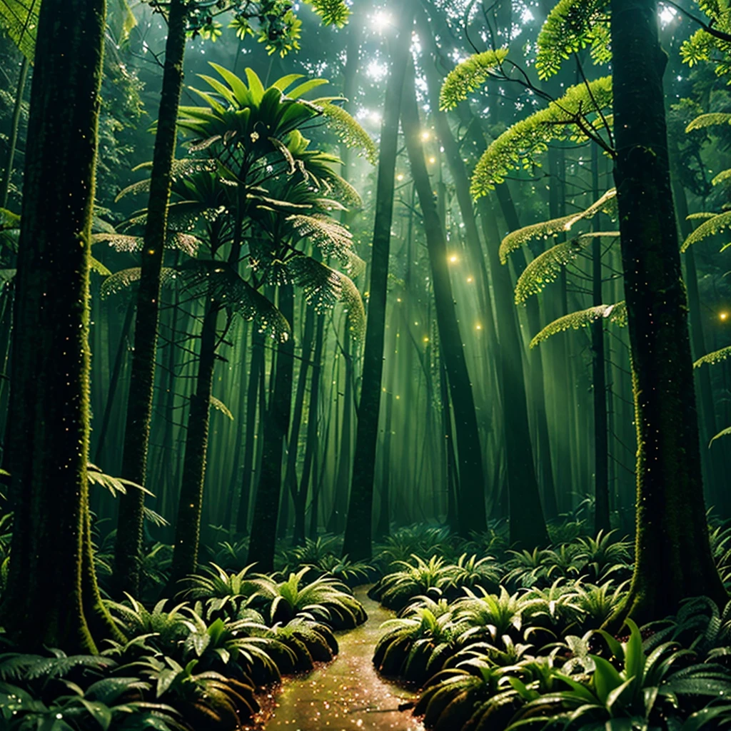 ((Best Quality, 8K, Masterpiece: 1.3),realistic,(best quality,realistic:1.37)thick dense forest,glowing fireflies,rainy night,moist air,foggy atmosphere,dripping leaves,dewy grass,majestic trees,mysterious shadows,serene ambiance,gentle raindrops,peaceful solitude,whispering breeze,nature's symphony,Latin American rainforest,enchanted evening,hint of moonlight,sparkling bioluminescence,lush vegetatio