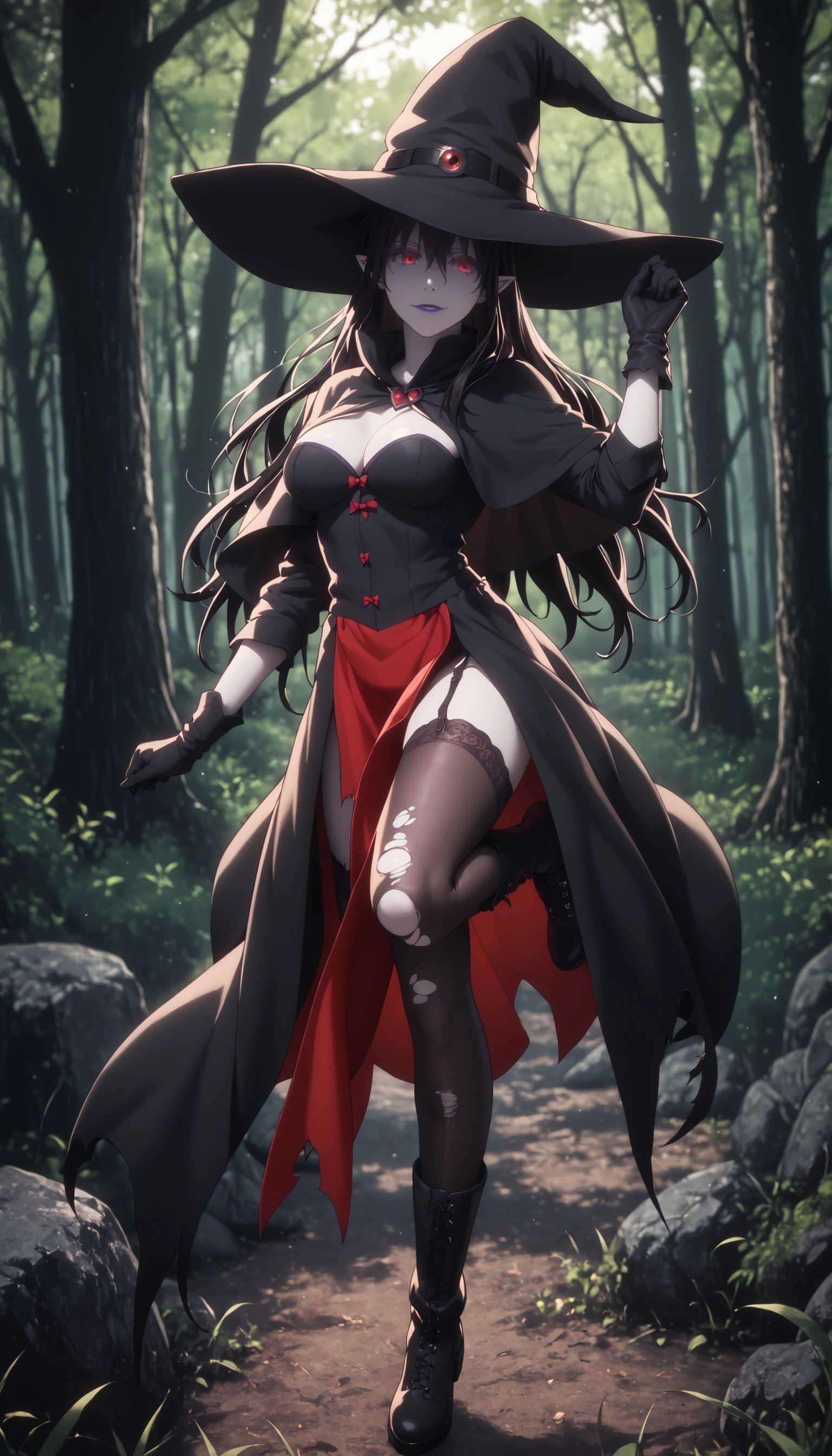 score_9, score_8_up, score_7_up, score_6_up, score_5_up, score_4_up, uncensored, black hair, red eyes, purple lipstick, hair between eyes, long hair, short pointy ears, pale skin, BREAK (masterpiece:1.2), best quality, high resolution, (detailed eyes:1.3), perfect lighting, (perfect hands, perfect anatomy), large breast, torn, bokeh, shaded face, hollow eyes, smirk, upper teeth only, 1girl, hat, witch hat, solo, thighhighs, full body, standing, standing on one leg, gloves, looking at viewer, black thighhighs, breasts, boots, witch, black footwear, capelet, garter straps, holding, closed mouth, faux figurine, long sleeves, leg up, black headwear, black capelet, dress, black gloves, sparkle, bow, pelvic curtain, ankle boots, hand up, forest, moonlight,