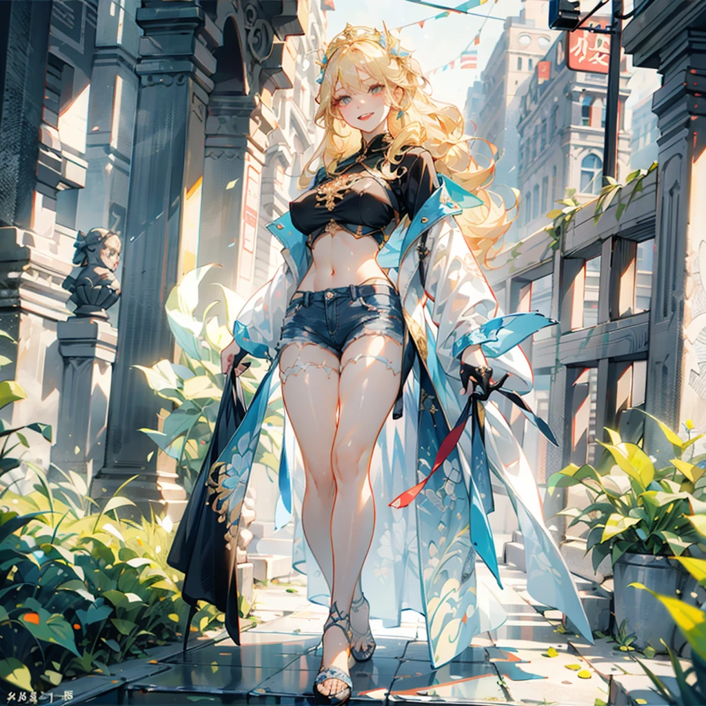 ((best quality)), (detailed), 1 japanese women sun goddess, 8k_wallpaper, extremely detailed eyes, (large masterpiece digital art), (intricate details:1.3 ), (ultra-detailed:1.3), (sharp focus:1.3), (natural lighting:1.05), (vivid colors:1.3), (best quality:1.4), expressive eyes, full body, detailed face, beautiful face, perfect face, ((blonde lush and thick curly sandy hair)), (gold eyes), {{dark skin}}, ({dark skinned female}), (big breasts), huge chest, big wide ass, powerful relief muscles of the abdomen and legs, powerful strong muscles of the arms, a predatory and daring look and a smile with many fangs, dressed in an open white coat with rolled up sleeves, a translucent blue crop top through the fabric, the clear outlines of large pointed nipples with large openings of the mammary glands are visible, denim mini-shorts, short leather gloves, long steel bracelets, walking along the street of the chinese fantasy city of decorated with advertising neon tabloids and establishment labels on a sunny day, fantasy K-pop and cyberpunk style,