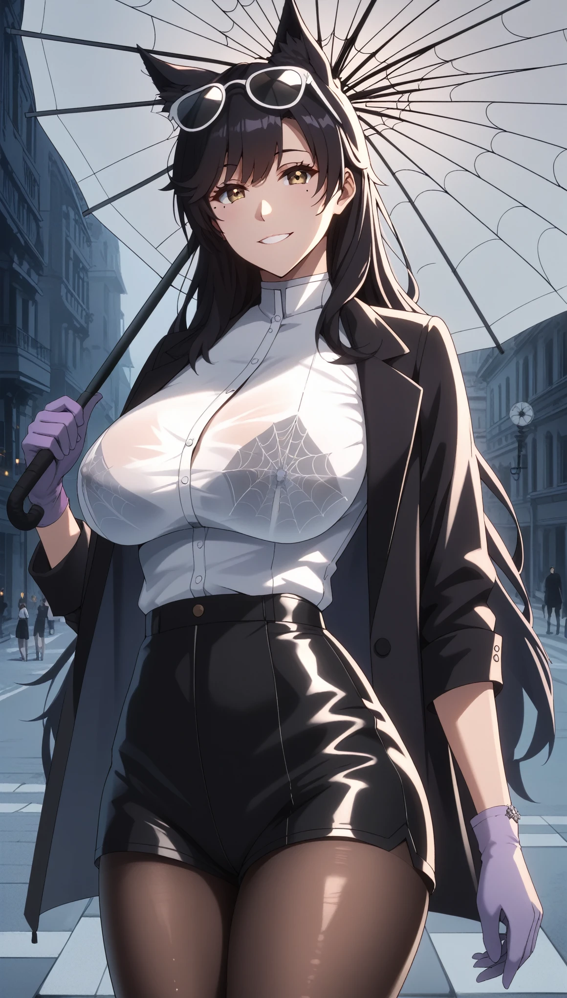 score_9, score_8_up, score_7_up, score_6_up, uncensored, atago_\(azur_lane\), black hair, kemonomimi, bangs, long hair, brown eyes, mole_under_eye, BREAK (masterpiece:1.2), best quality, high resolution, (beautiful detailed eyes:1.3), perfect lighting, (perfect hands, perfect anatomy), large breasts, sagging breasts, umbrella, holding umbrella, thug shirt, 1girl, high-waist shorts, solo, breasts, round eyewear, eyewear on head, pantyhose, umbrella, shirt, white shirt, large breasts, shorts, black jacket, sunglasses, looking at viewer, jacket, long sleeves, holding umbrella, thighs, pantyhose under shorts, black shorts, smile, black pantyhose, purple gloves, gloves, transparent umbrella, cowboy shot, spider web print,
